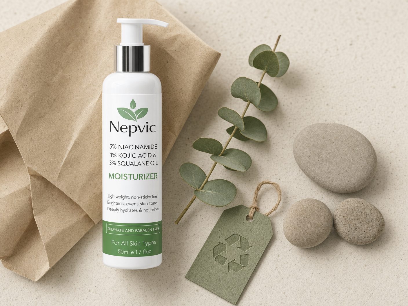 Nepvic Moisturizer with kraft paper, eucalyptus and recycle tag